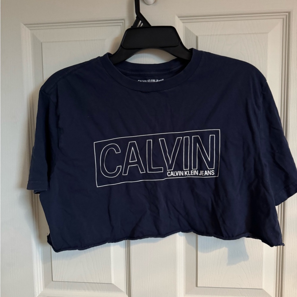 Calvin Klein Jeans Navy Crop Top Tee with White Outline Logo